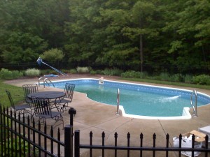 Vinyl Liner Pool Floating along one long wall due to rain water and not enough water on the cover reset by Ask the Pool Guy Allan Curtis