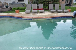 Pool with Beam Shear Evidence behind the tile that keeps falling off into the pool each year.